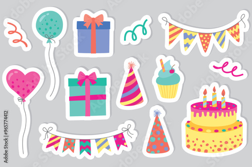 Set of cute stickers with сartoon  birthday elements. Vector flat illustration on gray isolated background	