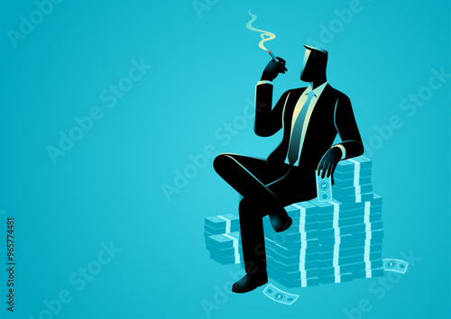 Businessman sits on a towering stack of money while smoking a cigar, symbolizing success, wealth, and power. Perfect for illustrating financial success, corporate dominance, or luxury lifestyles