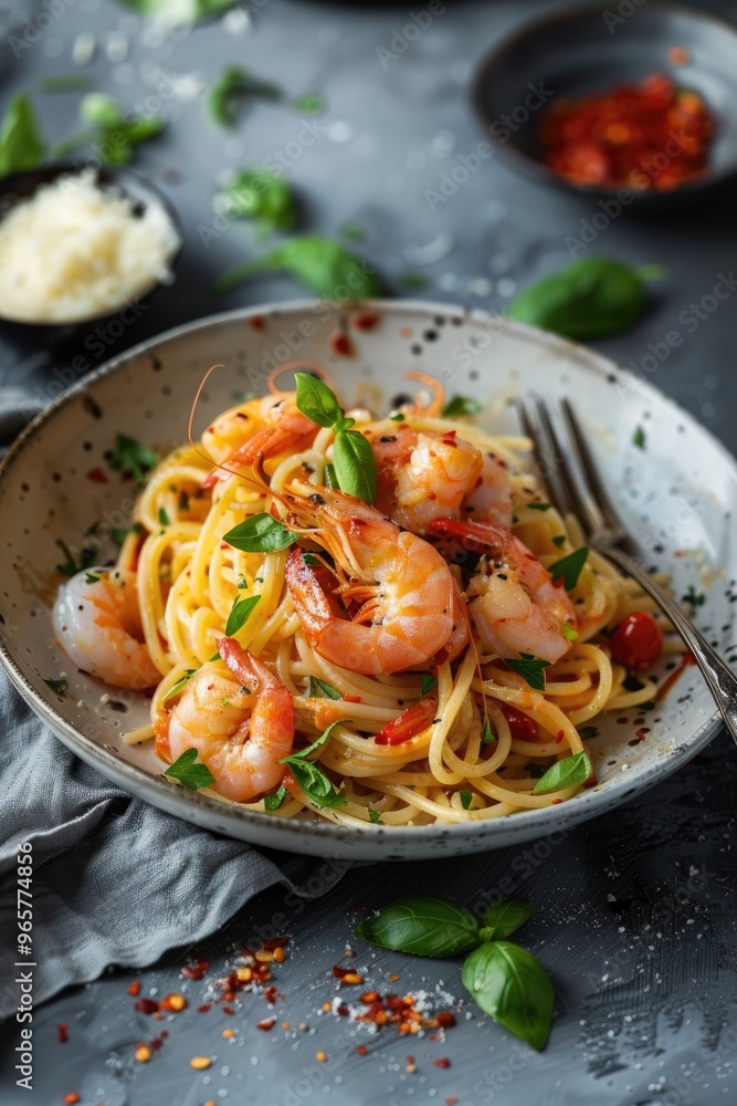 Delicious Shrimp Spaghetti with Fresh Herbs and Spices on Black Plate Delicious Shrimp Spaghetti with Fresh Herbs and Spices on Black Plate