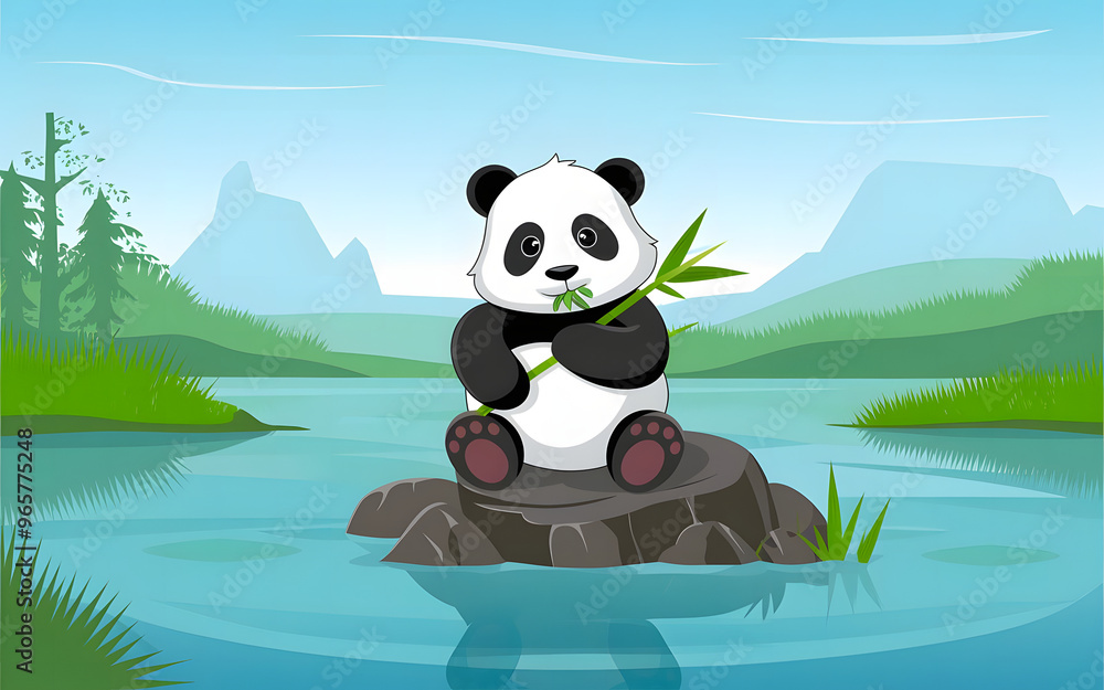 Obraz premium Cute Panda Eating Bamboo on a Rock by the River