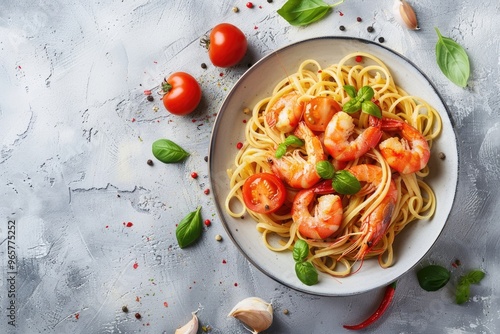 Delicious Shrimp and Tomato Pasta with Fresh Herbs on Rustic Table