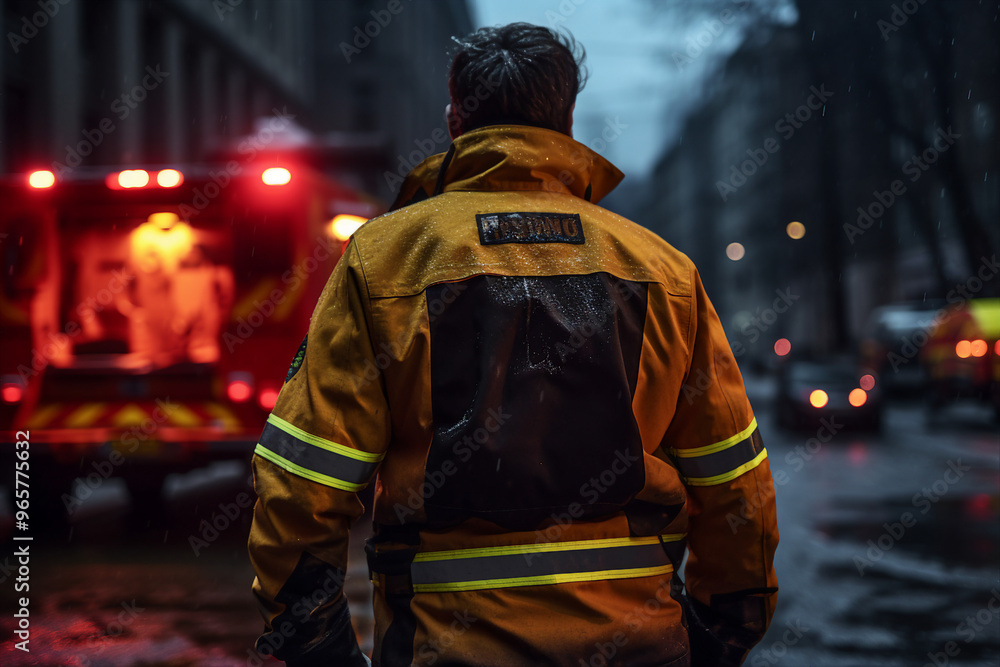 AI generated photo of brave firefighter after evacuations of people AI generated photo of brave firefighter after evacuations of people