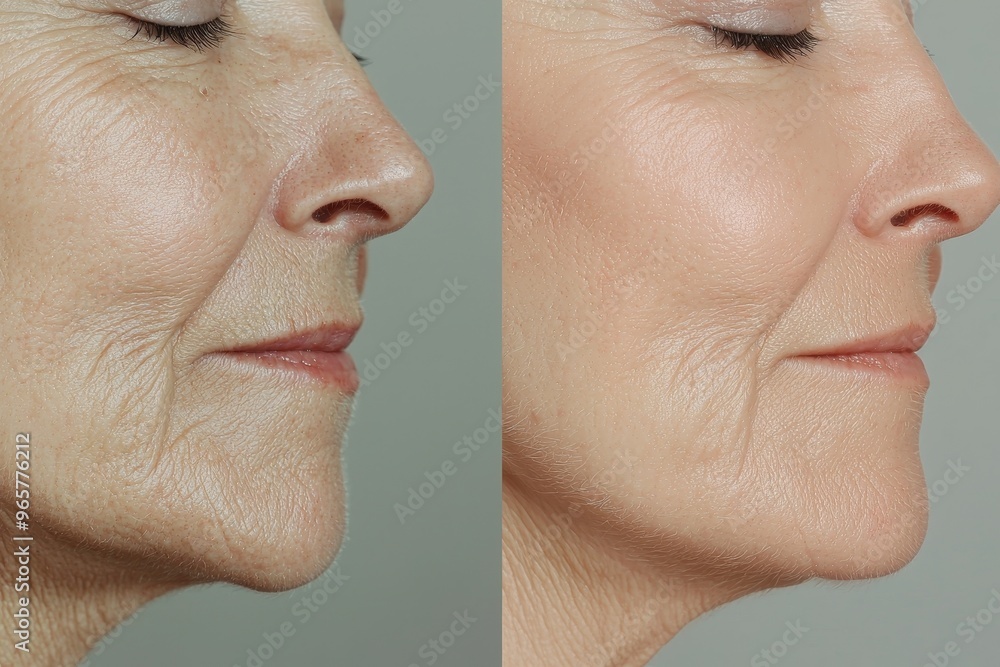 Obraz premium Before and after facelift. Plastic surgery results, face fitness. Mature woman before and after beauty aesthetic procedure. Skin aging, facial wrinkles treatment, skincare.