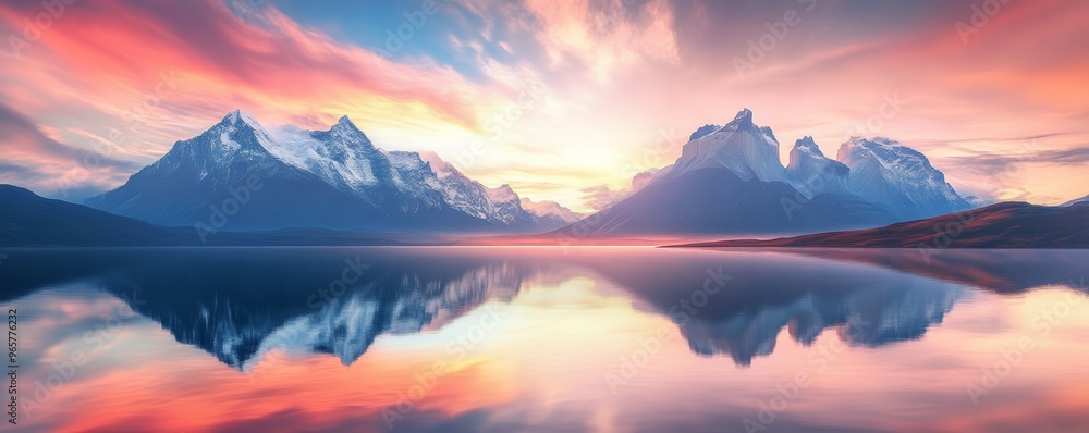 Majestic mountains reflected in a tranquil lake at sunrise, panoramic view. Nature serenity and tranquility concept Majestic mountains reflected in a tranquil lake at sunrise, panoramic view. Nature serenity and tranquility concept