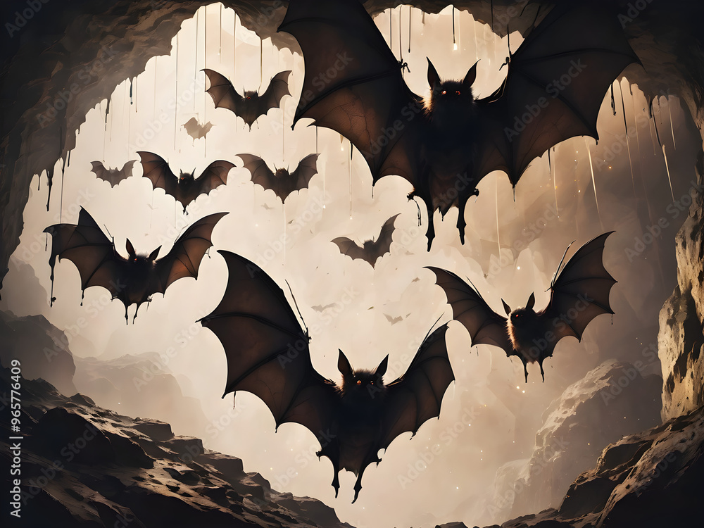 Fototapeta premium Bats hanging from a cave ceiling with shafts of light piercing through darkness