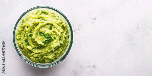 Guacamole in a transparent container, minimalistic style