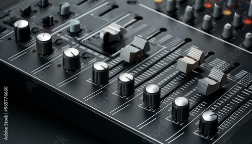 A close up of a black audio mixer with knobs and buttons.