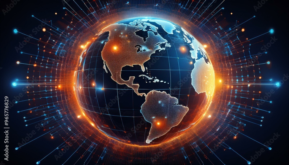 Obraz premium A digital image of the Earth with glowing orange and blue dots representing data and communication.