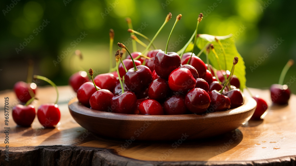 plate of red cherries on a wooden surface plate of red cherries on a wooden surface