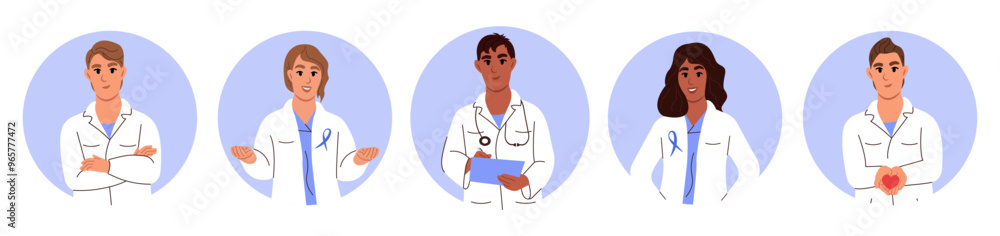 Doctors avatars. Smiling medical team. Set of diverse doctors characters. Vector flat illustration isolated on white background Doctors avatars. Smiling medical team. Set of diverse doctors characters. Vector flat illustration isolated on white background