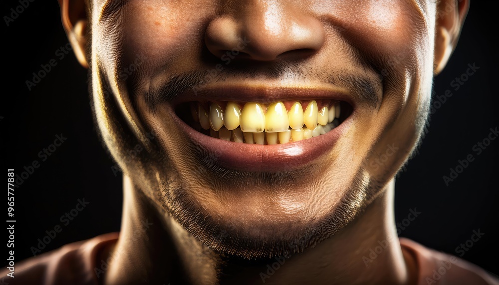 Naklejka premium CLOSE UP OF A MAN SMILE WIDELY UNTIL TEETH ARE VISIBLE