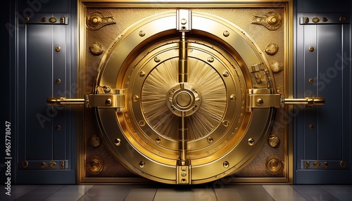 A photorealistic gold vault door slightly ajar