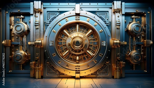 A robust bank vault door, intricately designed and shiny, photorealistic CG 3D, exuding strength and security, enveloping an aura of financial protection