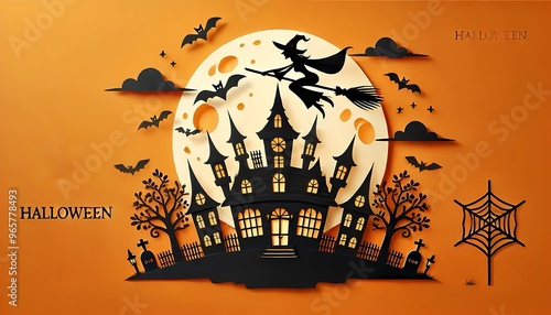 Happy halloween holiday concept. Halloween decorations, bats, ghosts on orange background. 