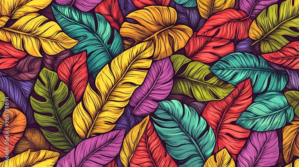 Seamless hand-drawn tropical leaves pattern on a white background. Seamless hand-drawn tropical leaves pattern on a white background.