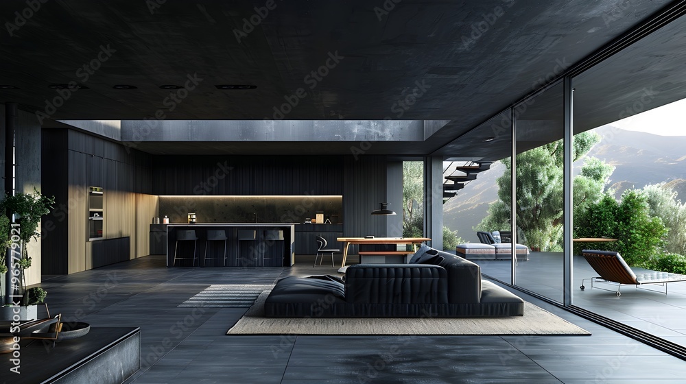 Black Wooden Modern Home with Open Floor Plan 3D Render of Luxury Residential House Mockup Black Wooden Modern Home with Open Floor Plan 3D Render of Luxury Residential House Mockup