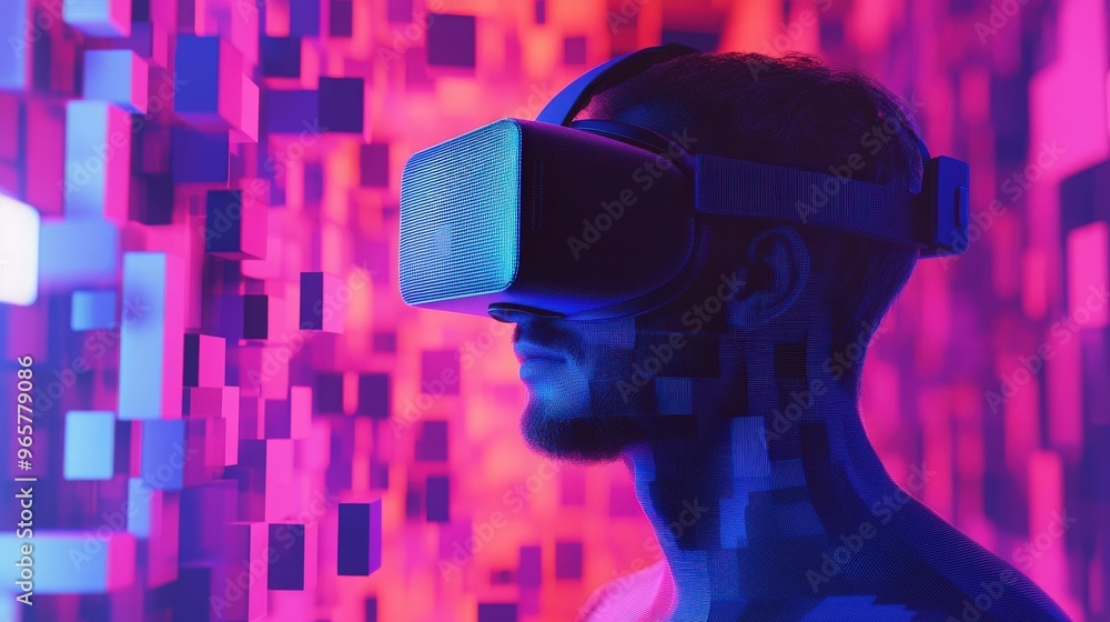 Abstract block shaped avatar in VR environment, using smart phone Abstract block shaped avatar in VR environment, using smart phone
