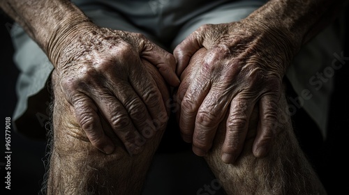 Elderly man’s knee in close-up, revealing signs of severe pain.