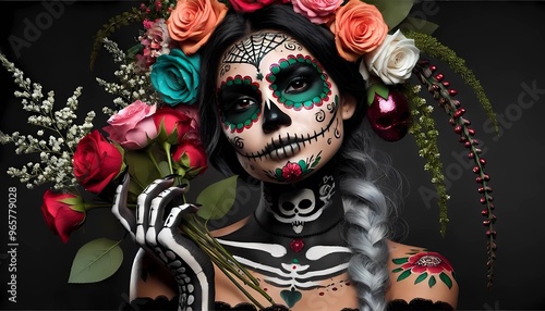 close-up image of the Mexican woman celebrating the Day of the Dead with traditional face paint and roses in her hair. Día de los Muertos makeup.