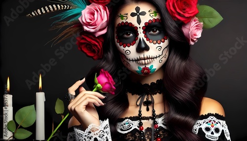 close-up image of the Mexican woman celebrating the Day of the Dead with traditional face paint and roses in her hair. Día de los Muertos makeup.
