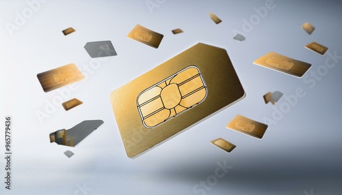 Airy floating online payment sim card, various angles, minimalist white rendering, high resolution, sharp focus