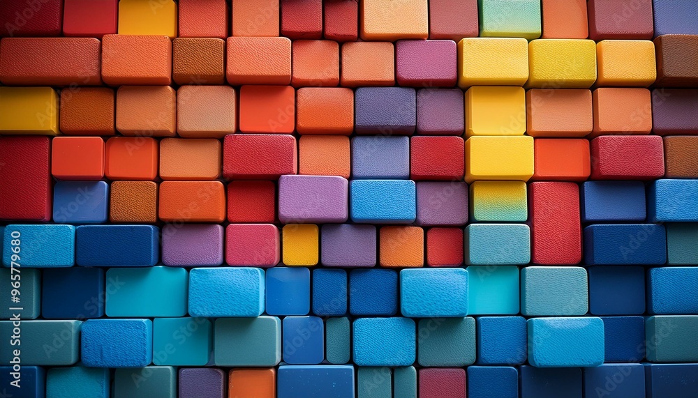 An array of vibrant, multi-colored bricks, meticulously arranged in a patterned layout, captured in high-resolution digital art, conveying a modern, dynamic feel An array of vibrant, multi-colored bricks, meticulously arranged in a patterned layout, captured in high-resolution digital art, conveying a modern, dynamic feel