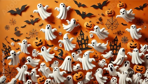 Happy halloween holiday concept. Halloween decorations, bats, ghosts on orange background. 