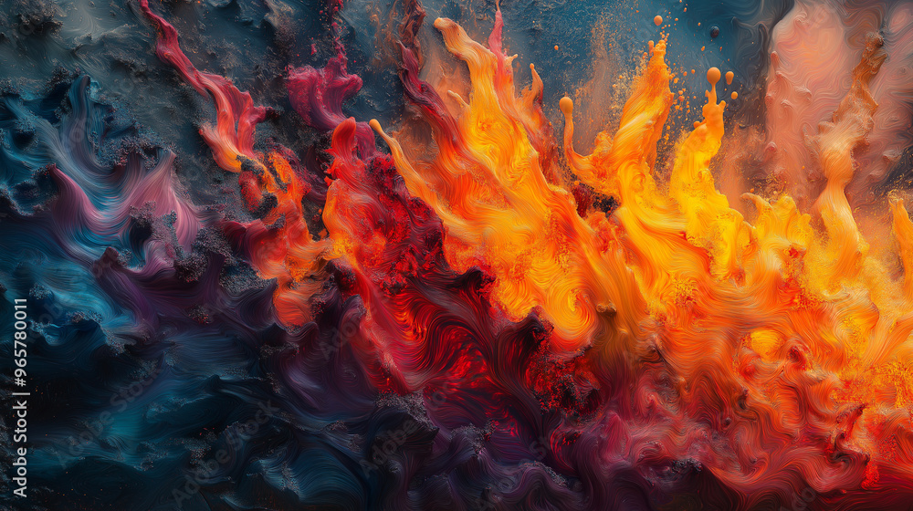 A painting of a fire with orange and blue flames A painting of a fire with orange and blue flames
