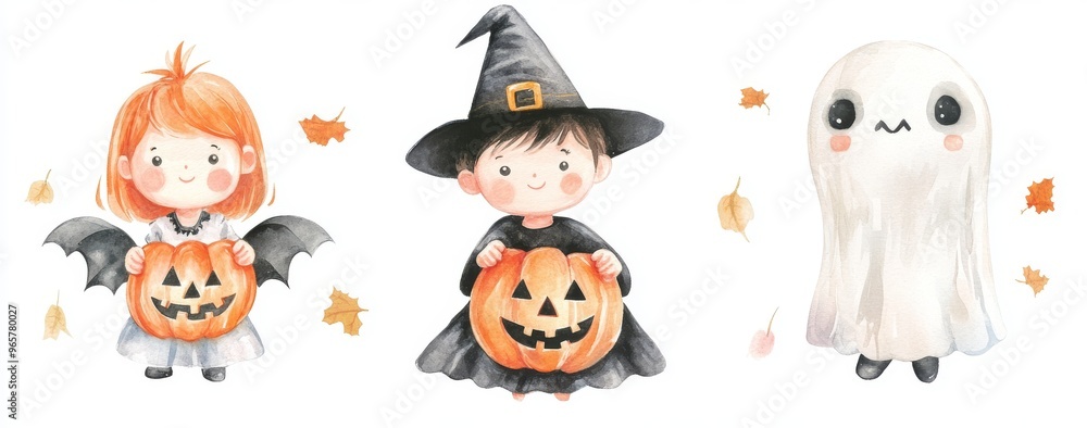 Cute Kids in Spooky Halloween Outfits, Vibrant Watercolor Drawing with Soft Colors on a White BG
Cute Kids in Spooky Halloween Outfits, Vibrant Watercolor Drawing with Soft Colors on a White BG