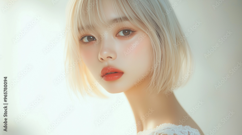 Fototapeta premium 美肌の若くて可愛いアジア女性モデルの美容ポートレート。おしゃれな明るい金髪の髪色と赤いリップが目を引く。