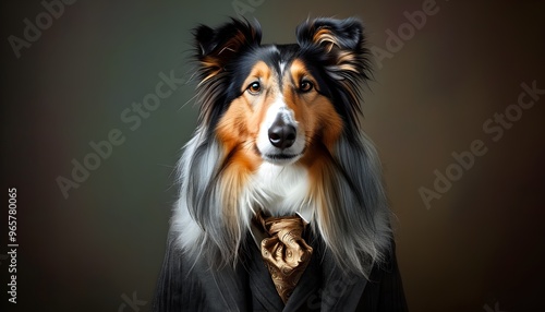 Dapper bearded collie dog dressed in a suit and tie for a stylish studio portrait