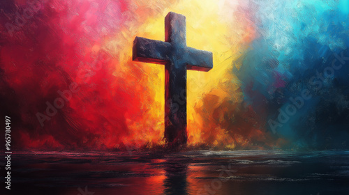 A colorful cross is in the middle of a body of water