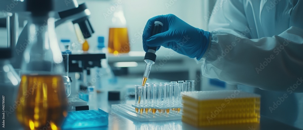 Scientist conduct chemical experiment in medical laboratory, carefully drop precise amount of liquid from pipette into test tube for vaccine drug or antibiotic development Scientist conduct chemical experiment in medical laboratory, carefully drop precise amount of liquid from pipette into test tube for vaccine drug or antibiotic development
