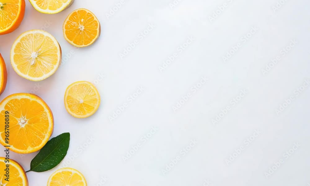 Freshly sliced oranges and lemons on a white background