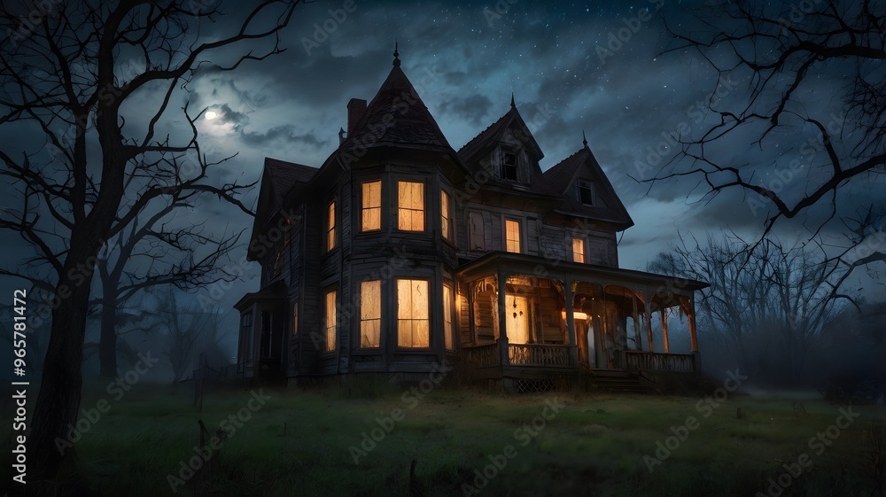 An impressionist landscape of a haunted house, with flickering lights and a ghostly figure in the window perfect for Halloween An impressionist landscape of a haunted house, with flickering lights and a ghostly figure in the window perfect for Halloween