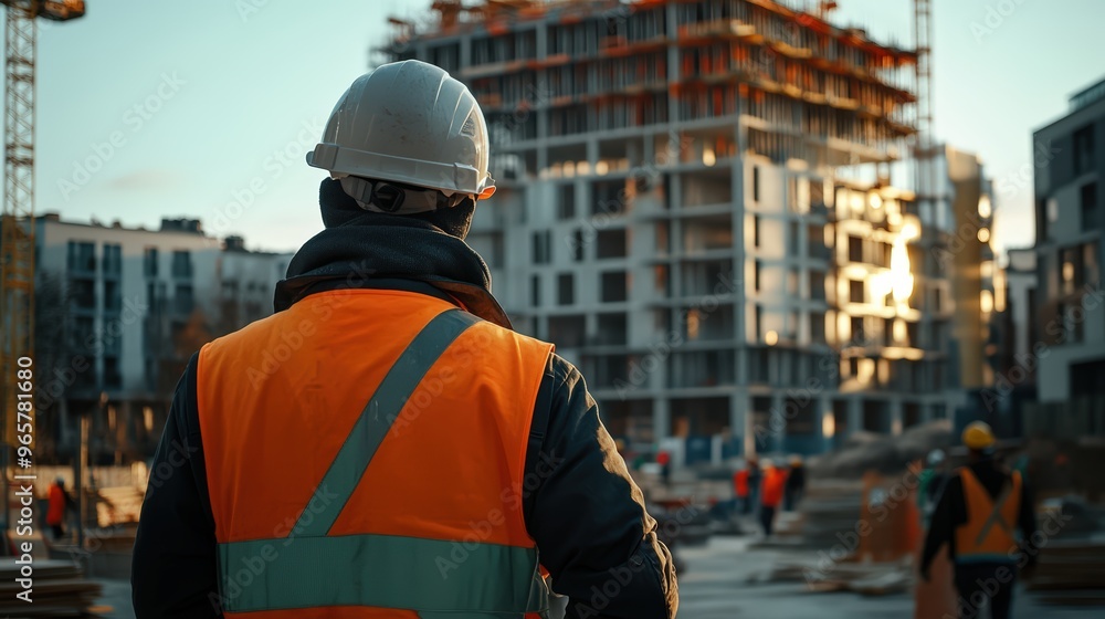 Back view of a construction worker in a hard hat and reflective jacket, standing in front of a building under construction Back view of a construction worker in a hard hat and reflective jacket, standing in front of a building under construction