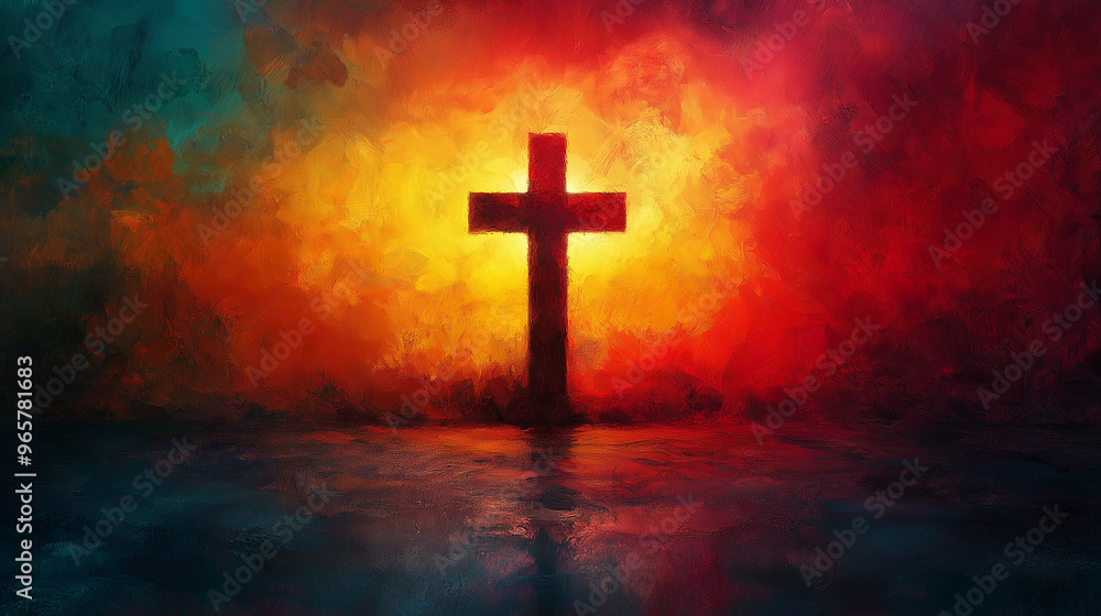 A painting of a cross with a bright light shining on it A painting of a cross with a bright light shining on it