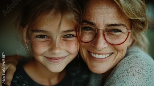 A loving mother and her daughter with freckled faces smiling and embracing each other closely, evoking a sense of warmth and affection in a serene setting.