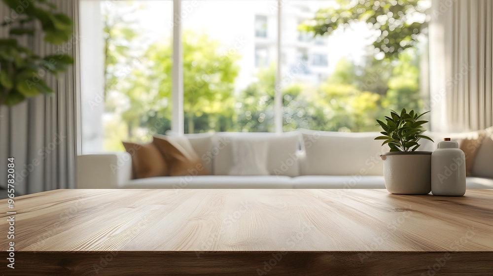 Empty wooden table top with blurred background of a living room with white sofa, green plants and large windows. Empty wooden table top with blurred background of a living room with white sofa, green plants and large windows.