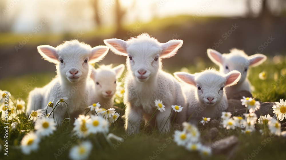 baby goats in a field of white flowers baby goats in a field of white flowers