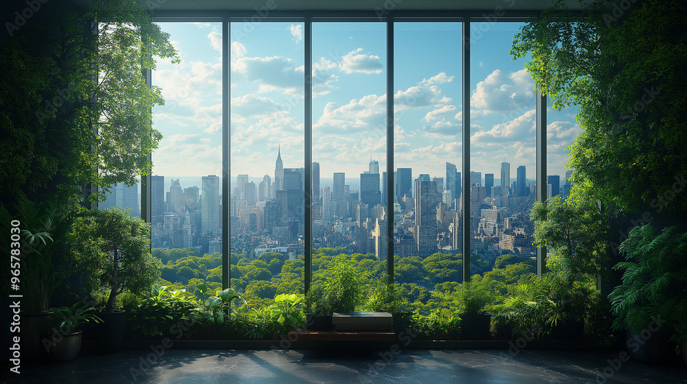 A window with a view of a city and a lush green forest A window with a view of a city and a lush green forest
