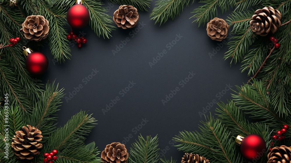 Christmas composition with red berries, pine cones and tree branches on dark gray background with free copy space for text Christmas composition with red berries, pine cones and tree branches on dark gray background with free copy space for text