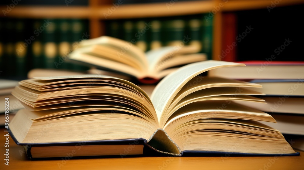 A collection of open and closed books resting on a wooden surface in a cozy library setting filled with green bookshelves A collection of open and closed books resting on a wooden surface in a cozy library setting filled with green bookshelves