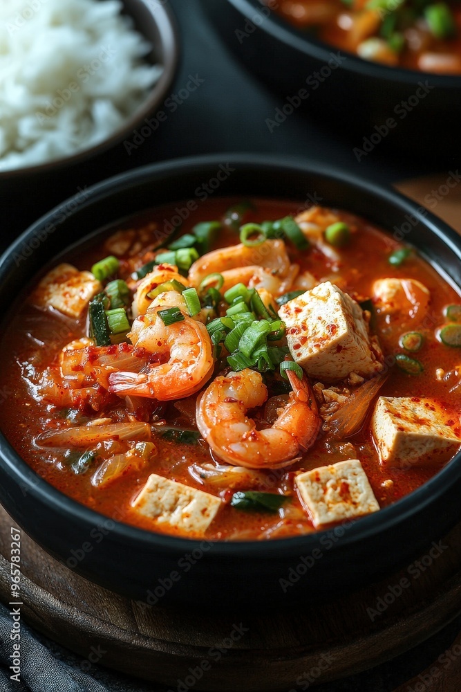 Sundubu Jjigae: A spicy stew made with soft tofu, seafood, and vegetables, often eaten with rice. Sundubu Jjigae: A spicy stew made with soft tofu, seafood, and vegetables, often eaten with rice.