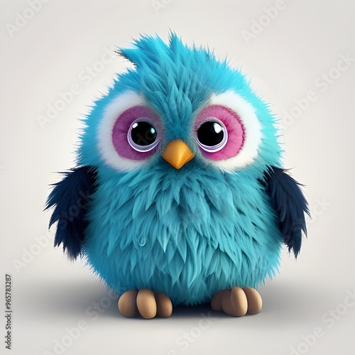 Plush fur birds monster for little kids. Front view of soft animal toy mascot.. ai generative