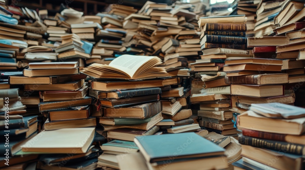 Stacks of old books in a cozy library corner during the afternoon, inviting readers to explore their stories Stacks of old books in a cozy library corner during the afternoon, inviting readers to explore their stories