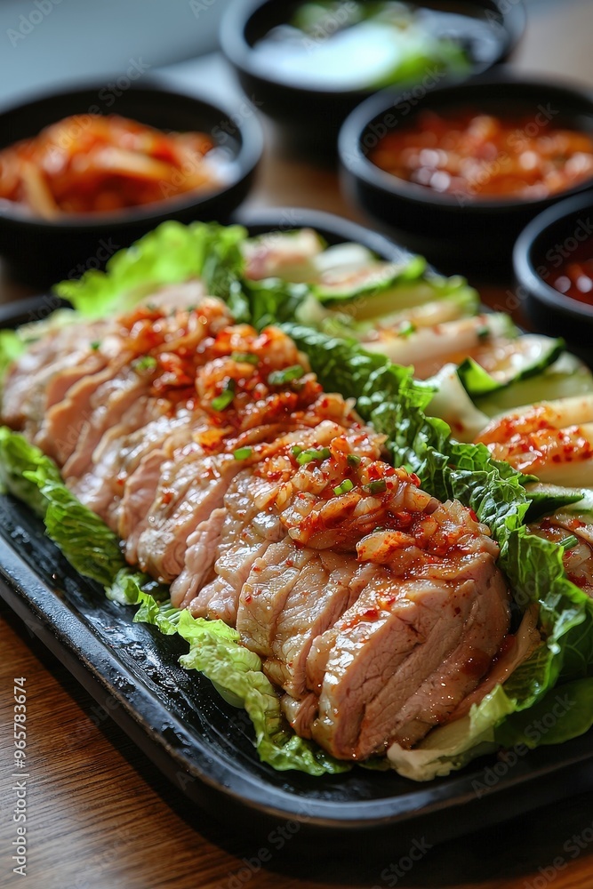 Bossam: Steamed pork slices wrapped in lettuce with kimchi and spicy sauces, a popular Korean dish often served with side dishes. Bossam: Steamed pork slices wrapped in lettuce with kimchi and spicy sauces, a popular Korean dish often served with side dishes.