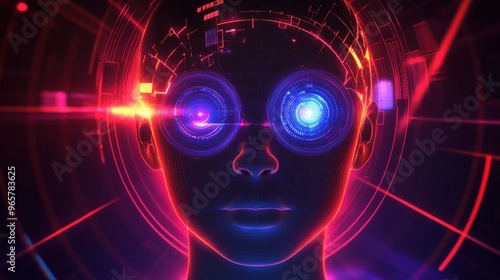 Circle portals, teleport, hologram gadget. Blank display, stage or magic portal, podium. Humanoid face of mechanical cybor. Artificial intelligence in humanoid head with neural network thinks. Vector