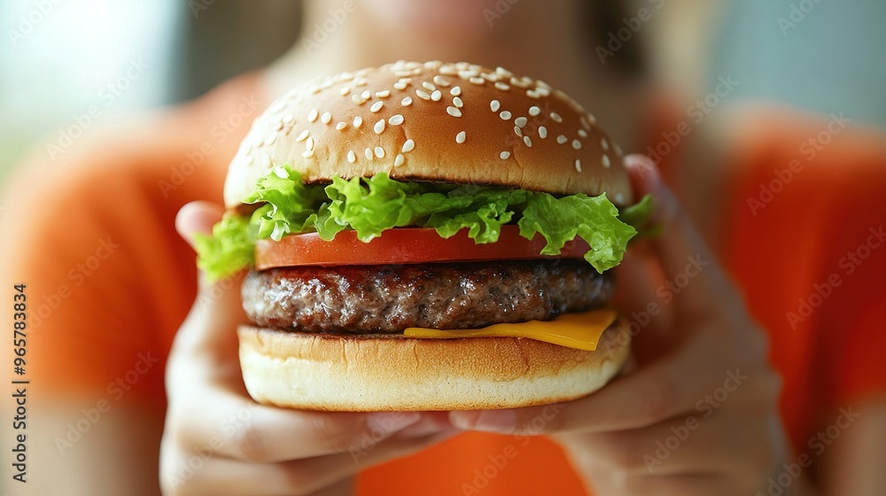 A close-up of a grilled burger with lettuce, tomato, and cheese A close-up of a grilled burger with lettuce, tomato, and cheese