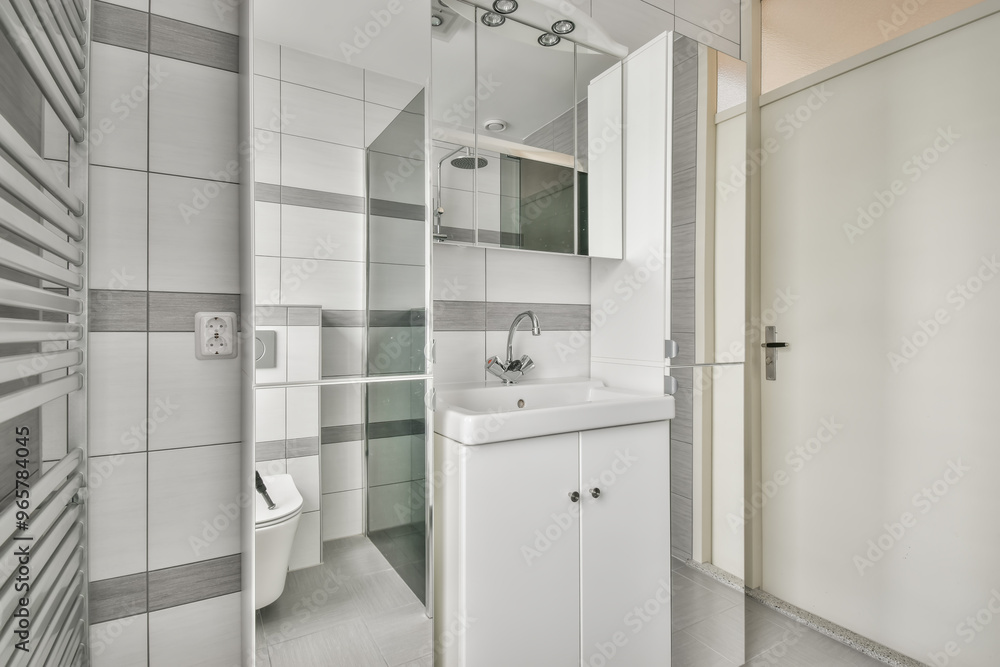 Modern small white bathroom interior with shower Modern small white bathroom interior with shower